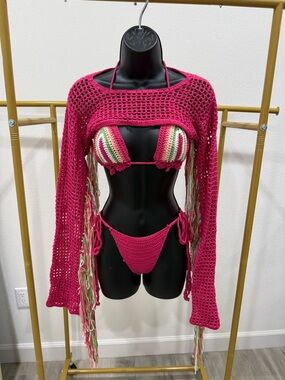 Fashion Nova 3 Piece Crochet Bikini Set Fringe Cover Up Pink Size S NWT